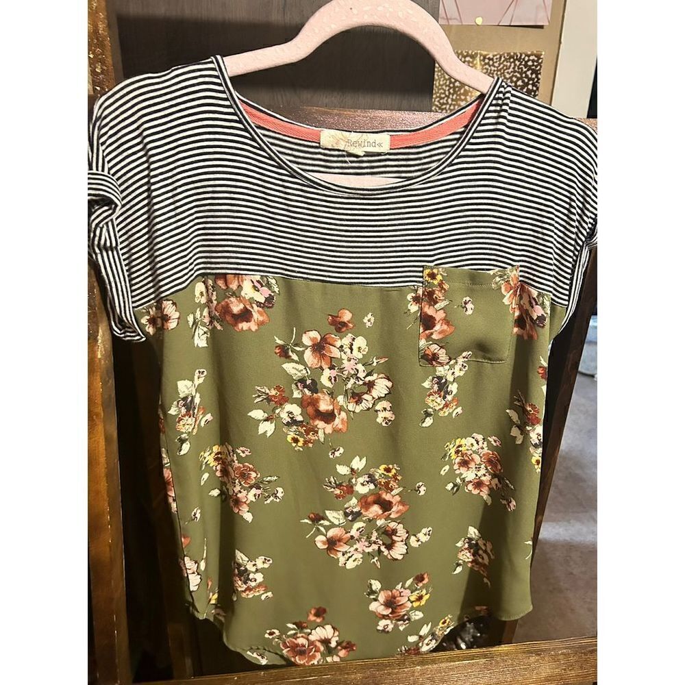Rewind Women's Green Half Stripe Half Floral T-Shirt Size M